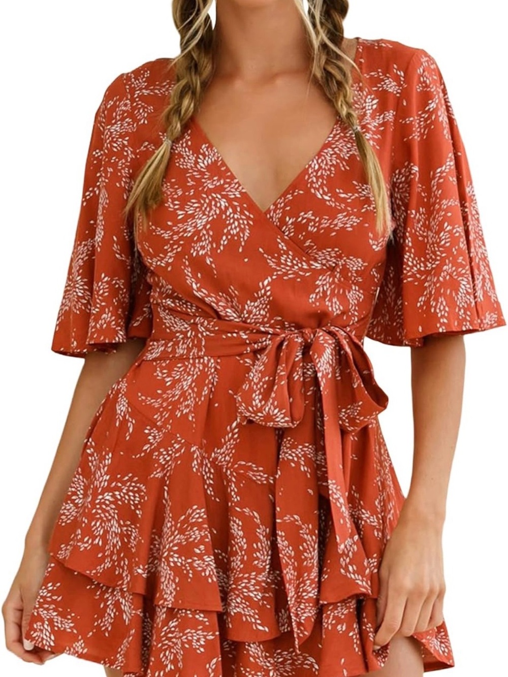 NWOT Rust Floral Wrap Mini Dress with Tie Waist